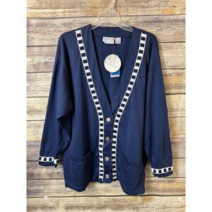 Maggie Lawrence Sport 22 24W Cardigan Blue White Trim Deep‎ V Neck Navy Blue